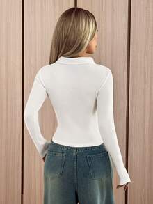 SHEIN EZwear 白色針織女款長袖百褶單排扣T恤 - 白色 - 查看 2