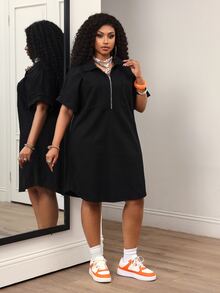 SHEIN SXY 大尺碼女款拉鍊半開襟短袖休閒寬鬆牛仔洋裝 - 黑色 - 查看 5