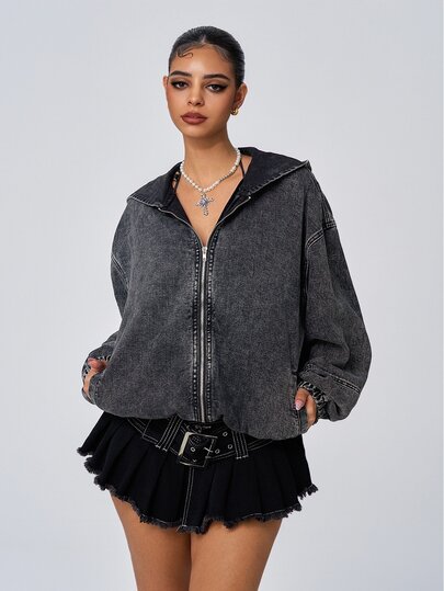 SHEIN ICON Plus Size Women's Casual Comfortable Grey Non-Stretch Denim Jacket