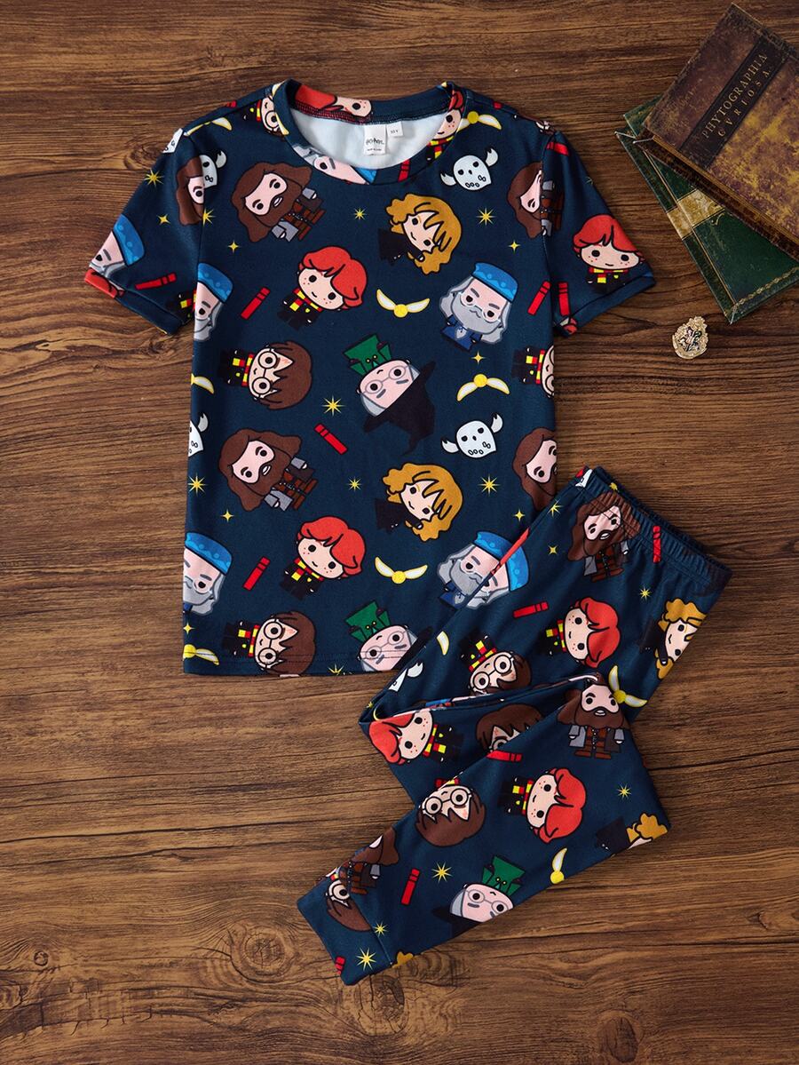 HARRY POTTER X SHEIN Tween Boy Cartoon Print Short Sleeve Top And Long Pants Casual Daily Home Sleepwear Set - Blue - View 1