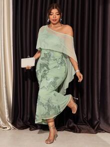 Firerie Plus Size Elegant Party Mesh Patchwork Floral Embroidery Dress - Green - View 7