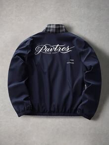 PAVTROS Men's Plaid Patchwork Letter Print Jacket - Navy Blue - View 2