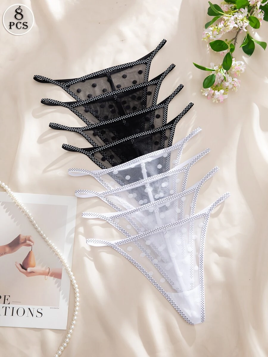 Nora Wilde 8pcs Black & White Women's Comfortable Personalized Thong Panties Set - Black and White - View 1