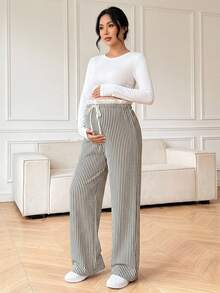 DAZY Celana Panjang Lurus Longgar dengan Motif Garis-Garis Kontras dan Tali Pengikat, Gaya Korea, Kasual untuk Sehari-hari, Liburan, Musim Semi, Musim Gugur, dan Ibu Hamil. - Khaki - View 9
