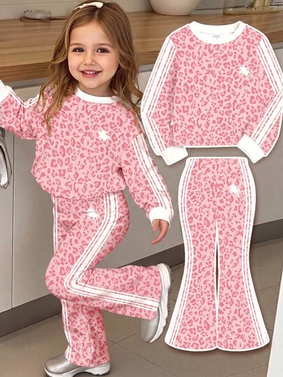 Vintage American Style Light Pink Leopard Print Color Block Striped Baby Girl Casual Knitted Soft Thick Crew Neck Long Sleeve Sweatshirt & Flared Pants Set, Suitable For Autumn/Winter Street Retro Style, Comfortable And Relaxed, Children's Autumn Layering, Y2K, Sportswear, Outings, Street Photography, Chill Chill