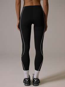 Musera Sport Legging Koordinasi Low Rise Pas Badan dengan Tepi Berpipa Kontras untuk Musim Gugur/Musim Dingin, Olahraga, Pilates, dan Gerak - Hitam - View 4