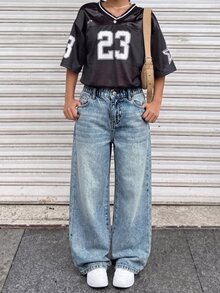 Coolane Kids 青少年女孩寬腿鬆款牛仔褲，附口袋，百搭 - 中等水洗藍 - 查看 5