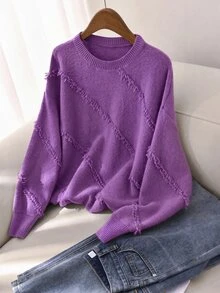 CosyJoli Women's Plus Size Round Neck Side Frayed Design Loose Casual Comfortable Pullover Sweater - Purple - View 11