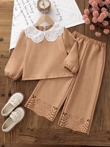 SHEIN Vintaside Kids 女童 2 件套丹寧效果上衣 + 白色彼得潘領燈籠長袖襯衫搭配同款寬腿褲，簡約溫柔風，適合春夏交替與初夏，適用日常上學、公園散步、週末出遊與短途旅行 - 棕色 - 查看 8