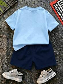 Baby Boy Casual Minimalist Cartoon Animal Print T-Shirt And Shorts Set, Suitable For Summer - Multicolor - View 3