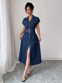 Elenzga Women's Minimalist Button Front Batwing Sleeve Washed Denim Dress - Dark Wash - View 1