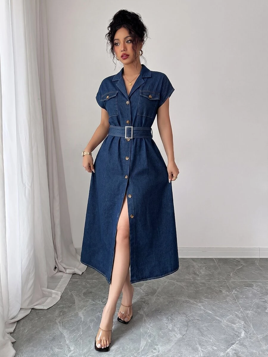 Elenzga Women's Minimalist Button Front Batwing Sleeve Washed Denim Dress - Dark Wash - View 1