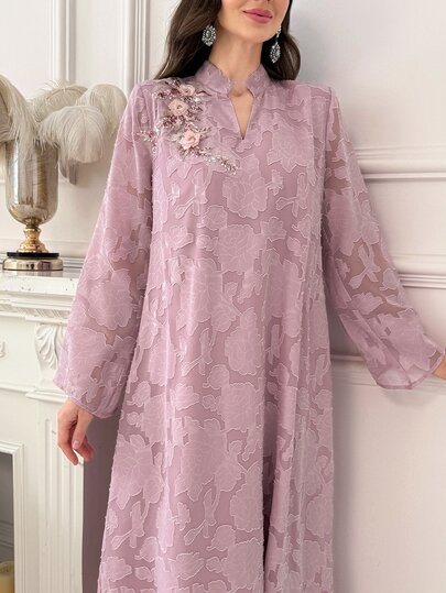 Al Najma Women's Exquisite Cut-Out 3D Floral Decor Sequin Arabian Dress