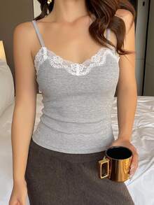 DAZY Women's Contrast Lace Ribbed Camisole Top - Mauve Purple - View 7