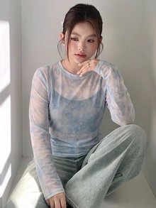 Dazy Plus Tie-Dye Mesh Layered Korean Style T-Shirt - Blue - View 4