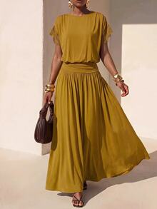 Zivah Women's Solid Color Round Neck Batwing Short Sleeve Elegant Long Dress - Mustard Yellow - View 6