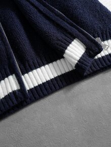 ROMWE MEN Men's Fashion Embroidered Zipper Contrast Color Long Sleeve Sweater - Blue and White - View 8