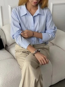 DAZY 女款純色休閒百搭日常穿著襯衫 - 藍色 - 查看 4