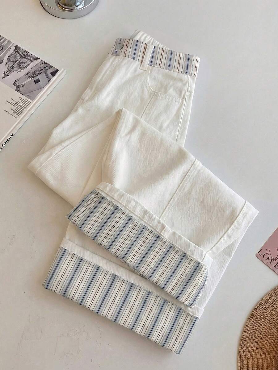 SHEIN CURVE+ Plus Size Women's Casual Versatile Daily Wear Denim Wide Leg Pants - White - View 1