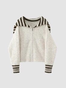 Sweetra Apricot Striped Sailor Collar Loose Casual Fashion Romantic Sweet Commute Dropped Shoulder Knit Zipper Cardigan For Women - Apricot - View 1