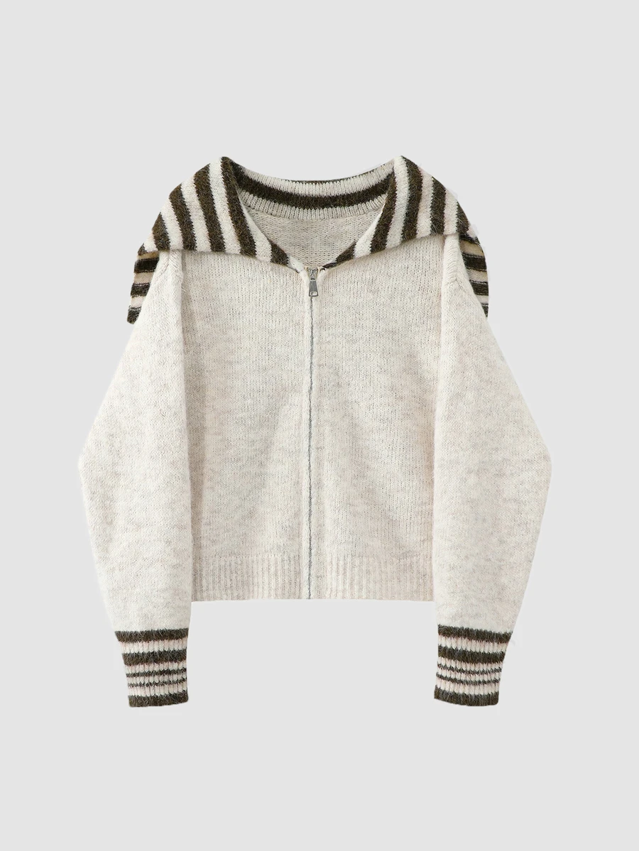 Sweetra Apricot Striped Sailor Collar Loose Casual Fashion Romantic Sweet Commute Dropped Shoulder Knit Zipper Cardigan For Women - Apricot - View 1
