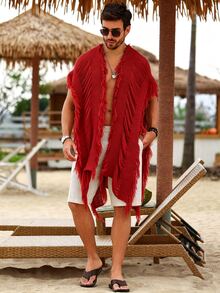 Ironwick Men's Solid Color Tassel Design Asymmetrical Hem Knit Cardigan - Red - View 4