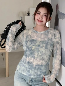 Livesso Tie-Dye Mesh Layered Korean Style T-Shirt - Dusty Blue - View 5