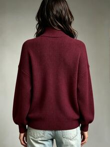 Trelyra Women's Solid Color Casual Daily Long Sleeve Sweater - Burgundy - View 2