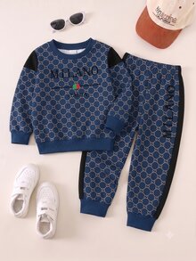 SHEIN 男嬰全印字母圖案圓領運動衫與運動長褲 2 件套裝 - 彩色 - 查看 4