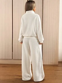 SHEIN EZwear 女款騎士圖案長袖上衣與長褲休閒日常兩件套 - 杏色 - 查看 2