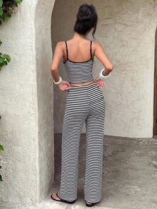 Aloruh 女款休閒居家條紋細肩帶背心與長褲套裝 - 藏蓝色 - 查看 2