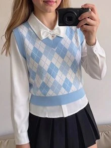 SHEIN Tween女孩可愛粉色菱格紋針織背心，套頭式，學院風穿搭，秋冬疊穿，時尚度假必備 - 淺藍色 - 查看 1