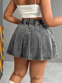 Slaydiva Plus Size Fashion Button Pocket Pleated Denim Mini Skirt - Grey - View 2