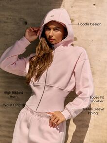 GLOWMODE Cozy Street Collection 日常抓絨咖啡跑腰長連帽飛行夾克，羅紋下擺與金屬細節，秋冬休閒穿搭 - 粉色 - 查看 2