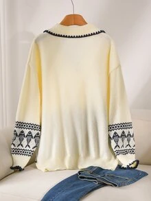 CosyJoli Plus Size Elegant French Casual Blue Minimalist Versatile Houndstooth Contrast Color Fish Knit Sweater Top For Women - Beige - View 2