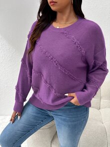 CosyJoli Women's Plus Size Round Neck Side Frayed Design Loose Casual Comfortable Pullover Sweater - Purple - View 7