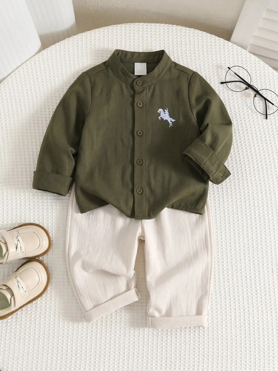 SHEIN 中性嬰兒男/女嬰 2件組秋冬休閒復古長袖上衣與長褲套裝,男嬰套裝,男嬰衣著,Squishy - 彩色 - 查看 1