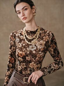Anewsta Brown Vintage Floral Mesh Frill Trim Fitted Long Sleeve Women's T-Shirt - Coffee Brown - View 3