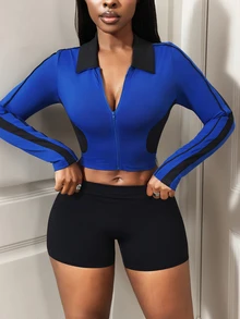 Core Rhythm Women's Colorblock Zipper Front Cropped Long Sleeve Sports Jacket - Blue - View 7