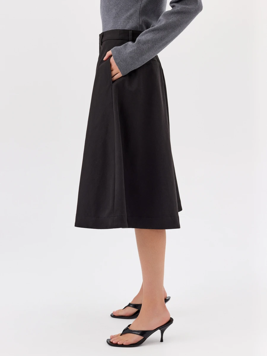 KÆRIA Hus Inverted Box Pleat Midi Skirt - Premium Cotton - Black - Elegant, Casual, Luxury, Modern, Workwear - Black - View 1
