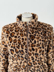 Sunspun Small Stand Collar Leopard Print Plush Short Thick Jacket Winter - Brown - View 4