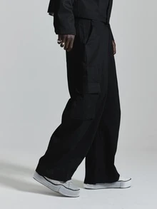 Musero Barrel Leg Cotton Trousers Side Front Cargo Pockets Front Pleated Co Ord Trosuers Only Autum Winter Essentials - Black - View 3