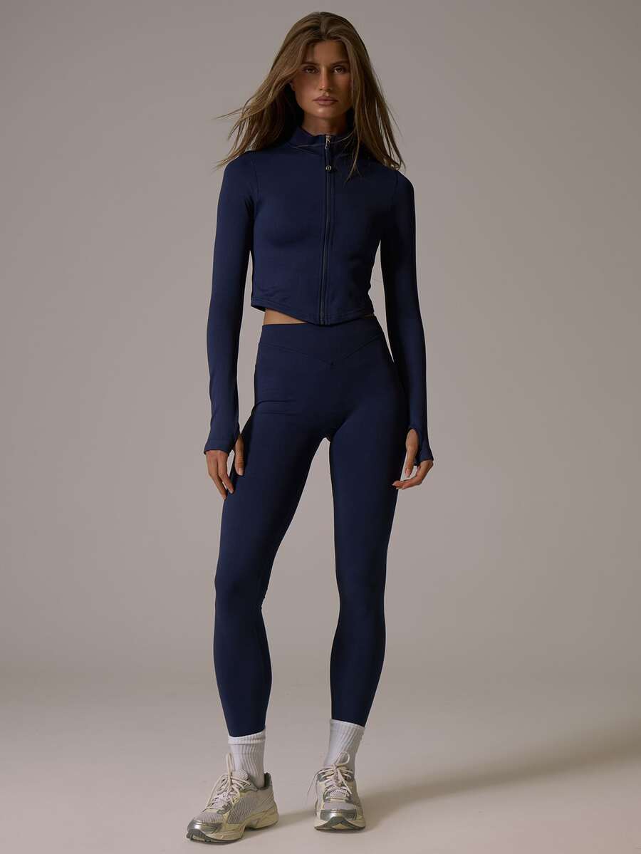Musera Sport High Rise Ribbed Waist Seamless Fitted Active Coord Legging Fall Autumn Winter Gym Active Pilates Motion - Navy Blue - View 1