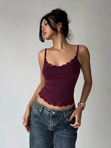 Aloruh 女款純色對比蕾絲修身時尚細肩帶背心 - 紫色 - 查看 5