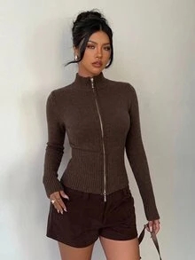 Aloruh 女款秋冬新款休閒街頭風日常運動高領羅紋黃色雙拉鍊修身長袖開襟針織衫 - 咖啡棕 - 查看 4