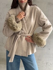 Aloruh 女款復古人造毛飾邊袖口大衣 - 卡其色 - 查看 4