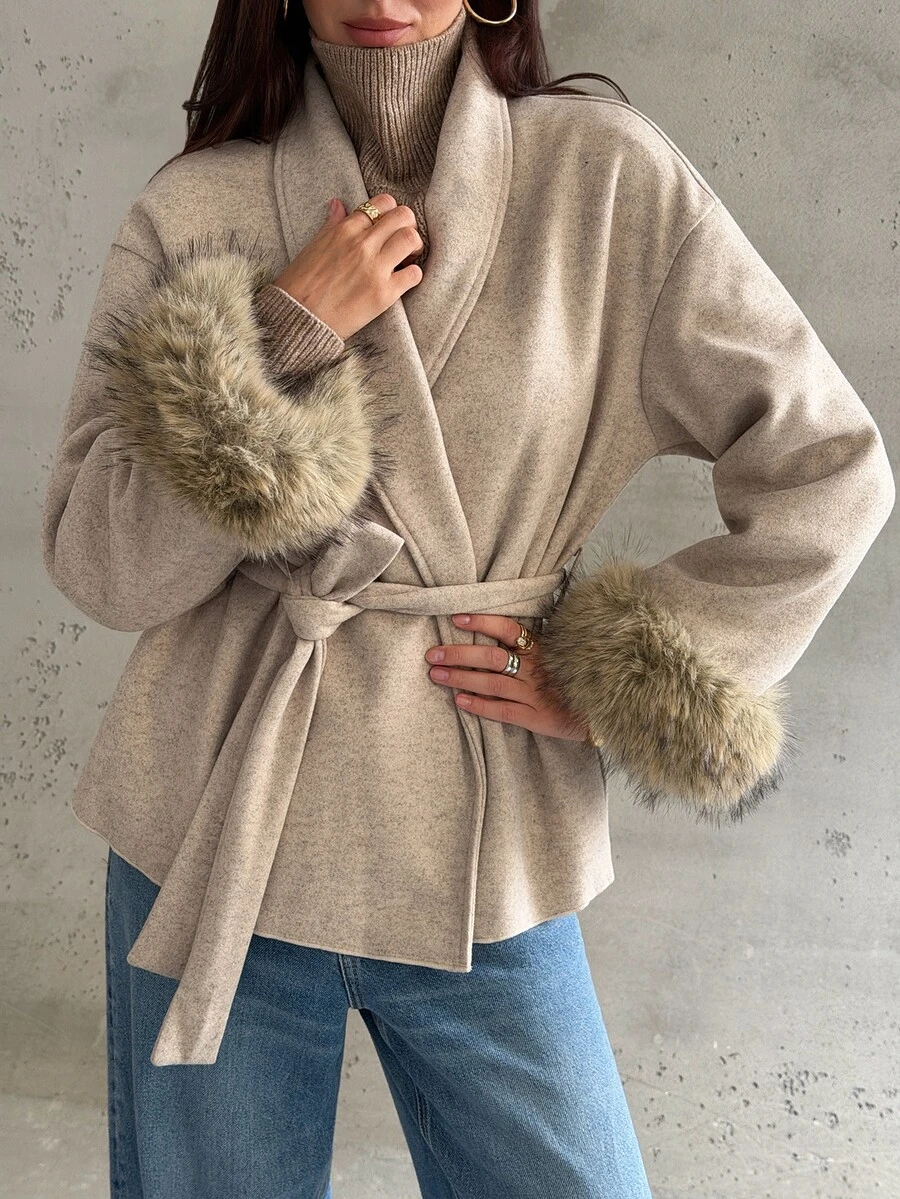 Aloruh Women's Vintage Faux Fur Trim Cuff Overcoat - Khaki - View 1