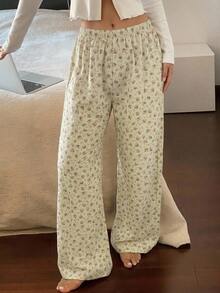 DAZY Sweet Ditsy Floral Long Straight Leg Pajama Pants, Summer Women's Loungewear Bottoms Fall - White - View 8