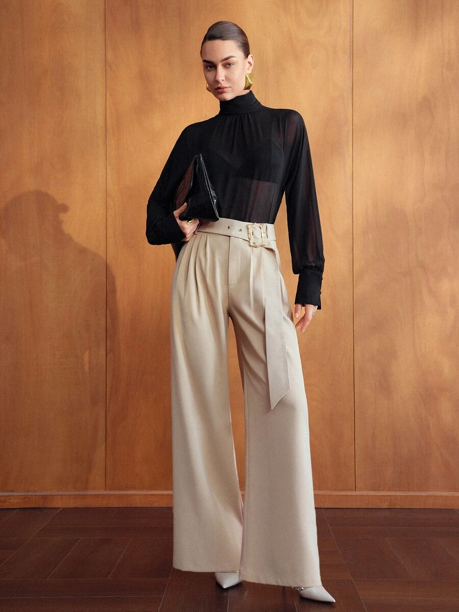 MOTF PREMIUM 女款純色扣環腰帶寬鬆寬腿西裝長褲 - 卡其色 - 查看 1