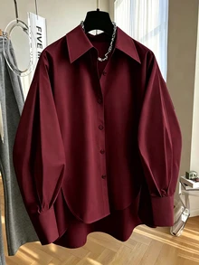GlowEve CURVE Women's Solid Color Casual Loose Long Sleeve Shirt, Suitable For Daily Casual, Commuting, Office Fall - Burgundy - View 1